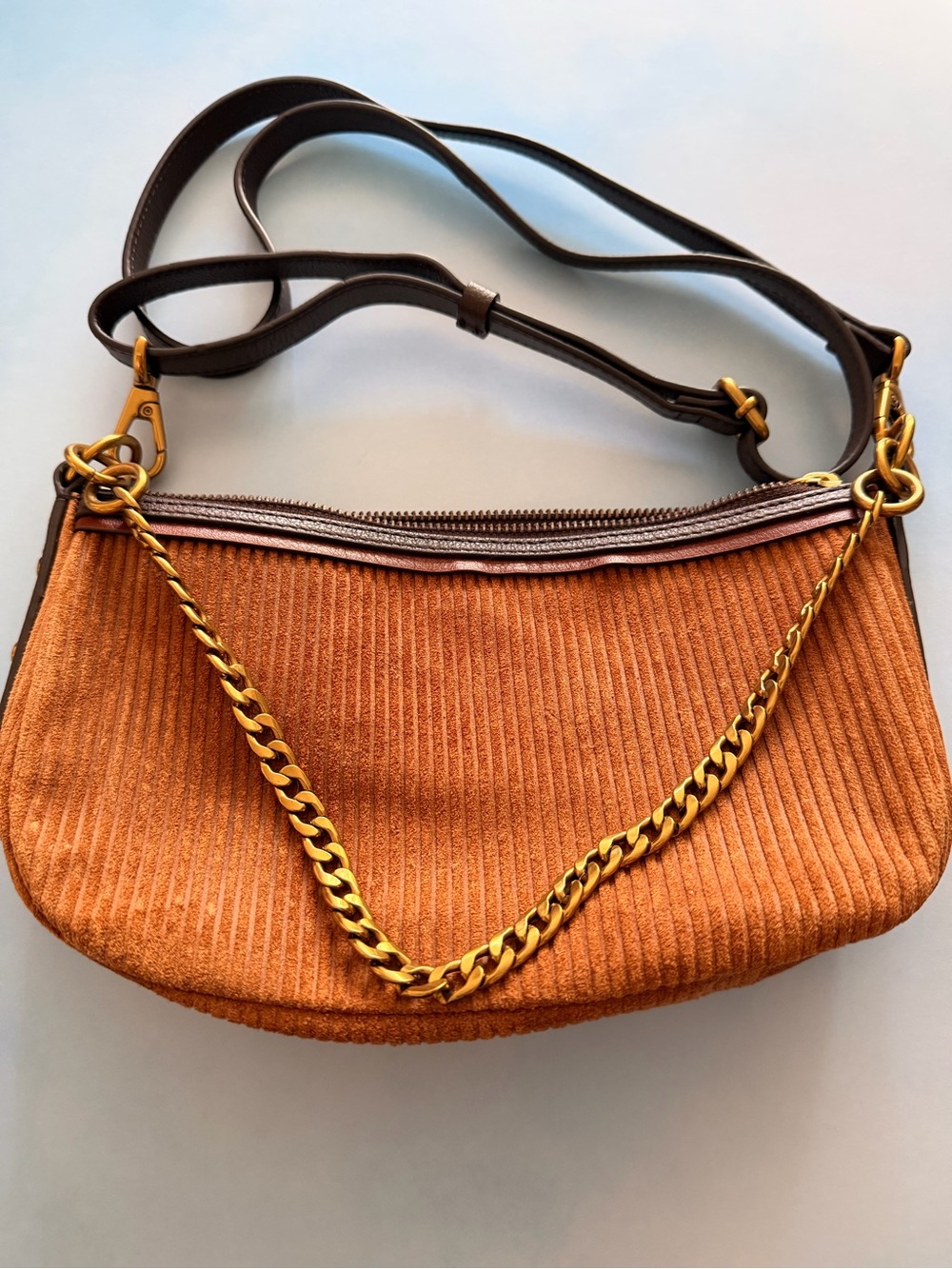 Fossil Corduroy Crossbody Bag in Rust with Gold Chain